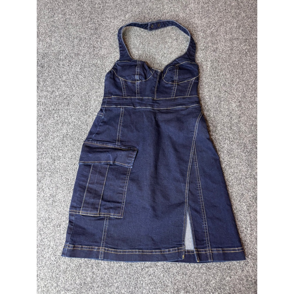 Urban Outfitters Denim Halter Mini Dress Dark Wash Blue XS With Pocket‎ Slit